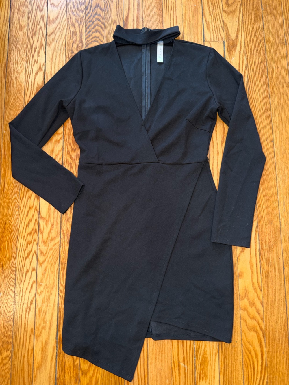 Black Long-Sleeve Wrap Dress with Mock Neck